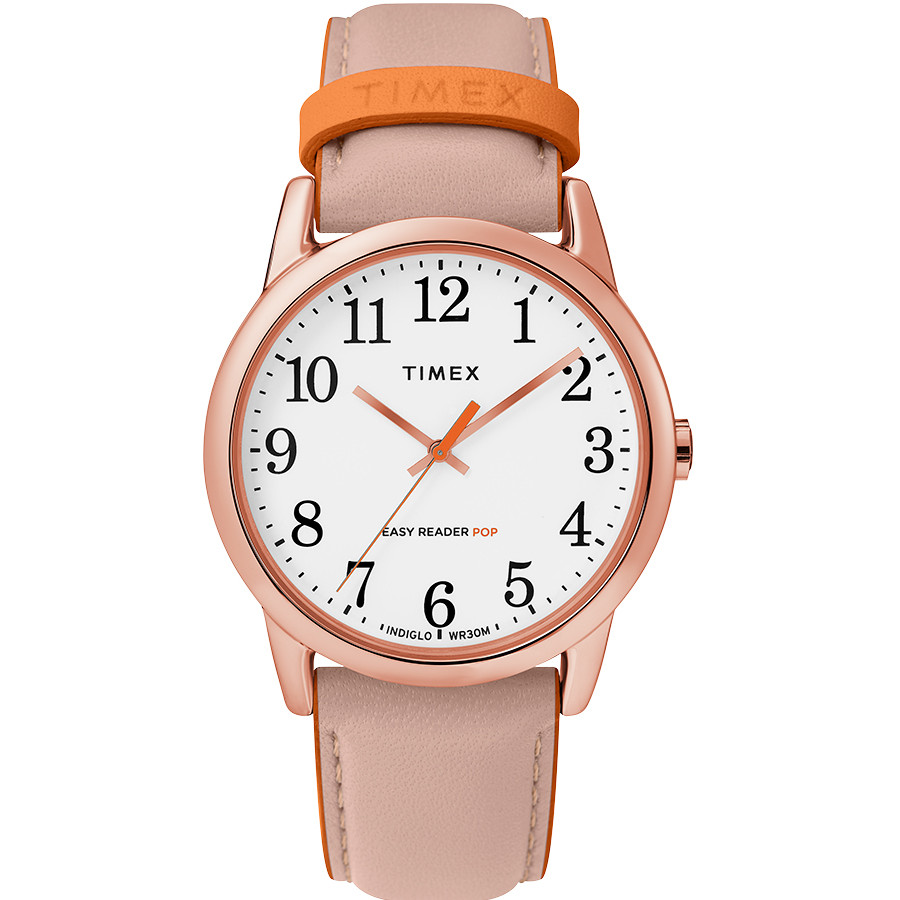 zegarek Timex Easy Reader Pop z różową kopertą i różowo-pomarańczowym paskiem na białej tarczy
