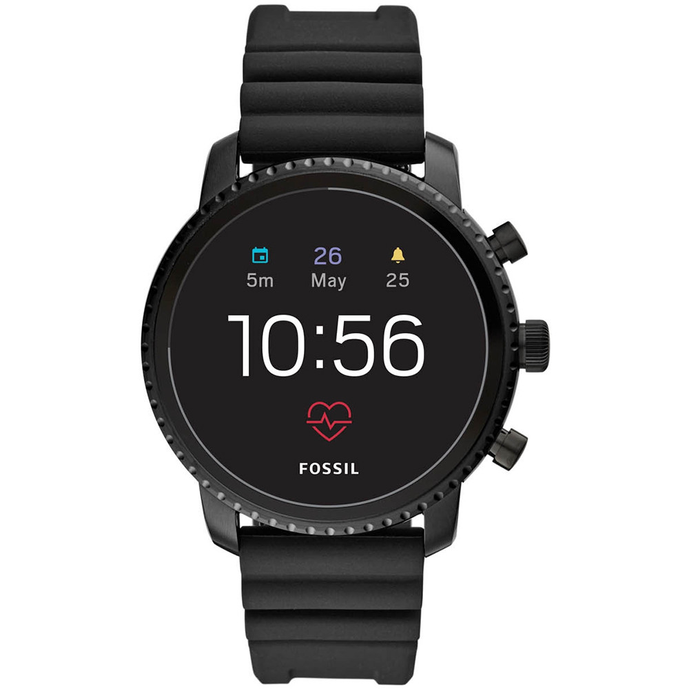 Czarny smartwatch z karbowanym pierścieniem i pomiarem tętna