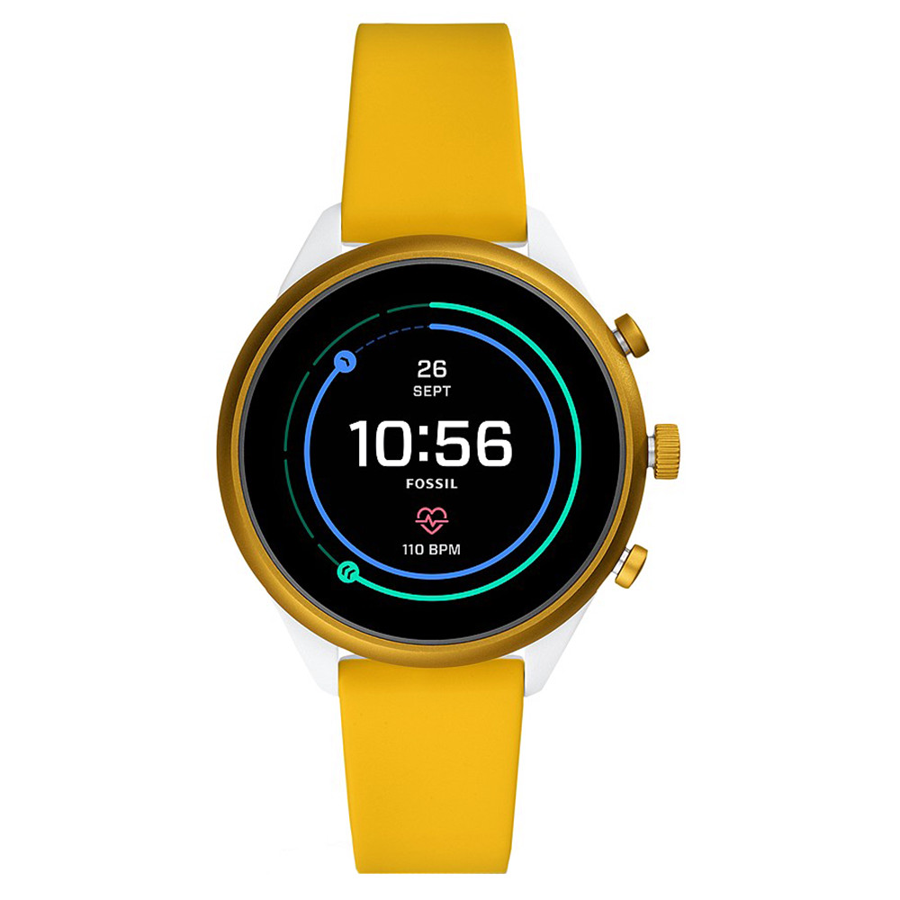 Sportowy smartwatch w bieli i musztardowej żółci