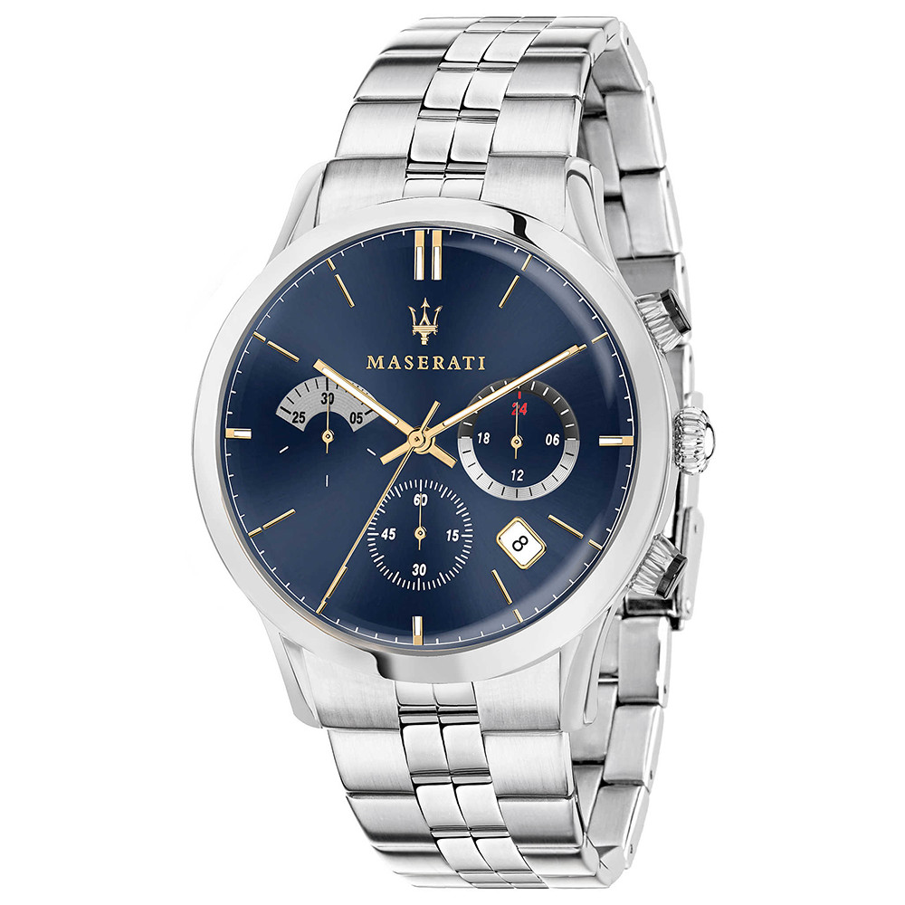 Granatowa tarcza i złocone detale w stalowym chronografie