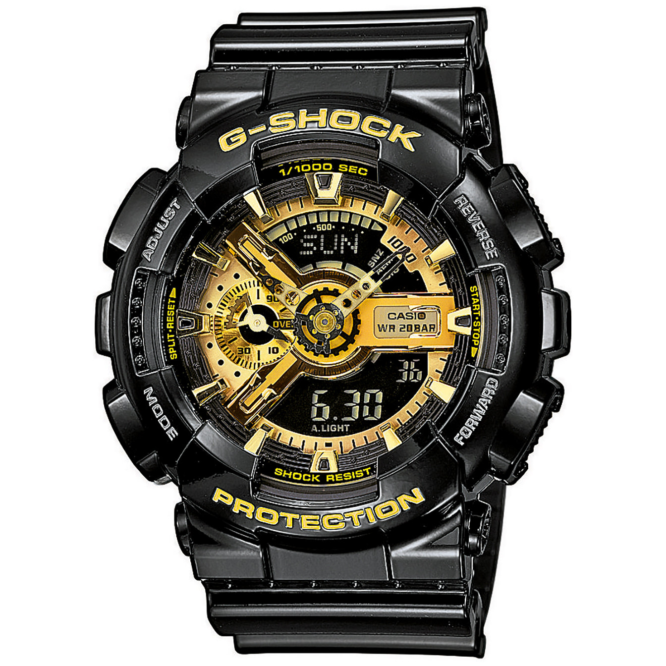 czarny zegarek Casio G-Shock z złotą tarczą i cyfrowym wyświetlaczem