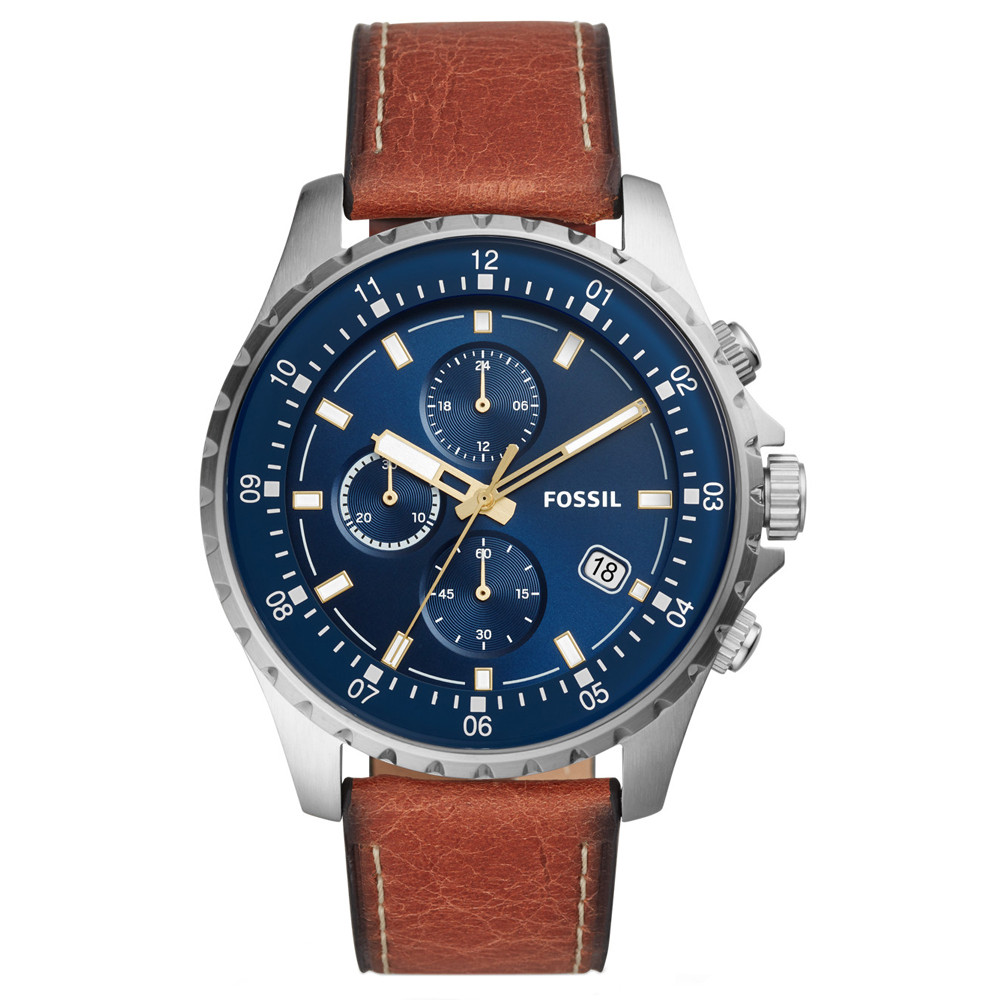 Granatowa tarcza chronografu w stalowej kopercie