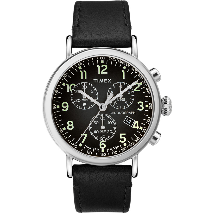 zegarek męski Timex z czarną tarczą i paskiem skórzanym, chronograf