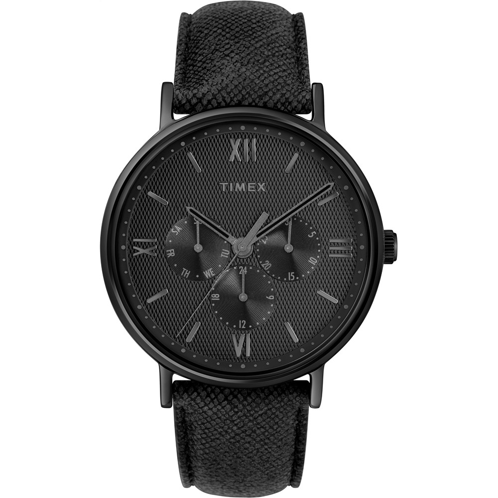 czarny zegarek Timex z wieloma tarczami na teksturowanym pasku
