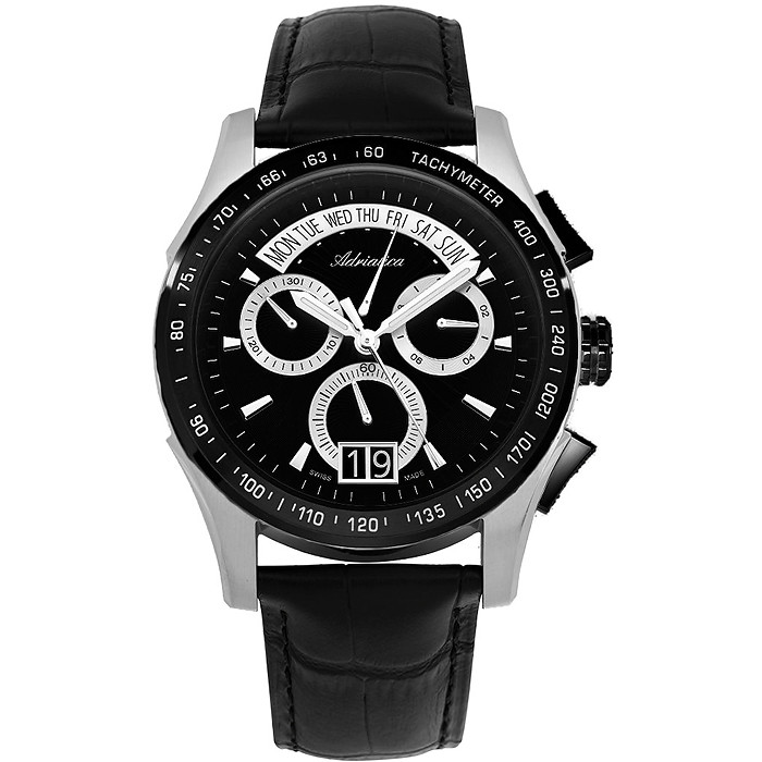 Szwajcarski chronograf z czarną tarczą i skalą tachymetryczną