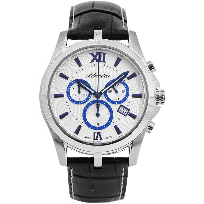 Szwajcarski chronograf na czarnym pasku ze skóry