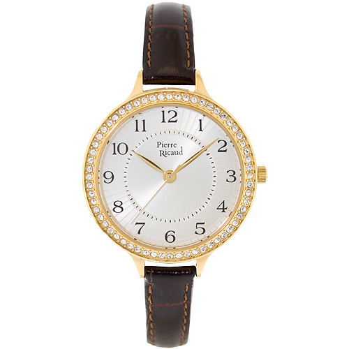 Cyrkonie wokół tarczy i złocona koperta na skórzanym pasku