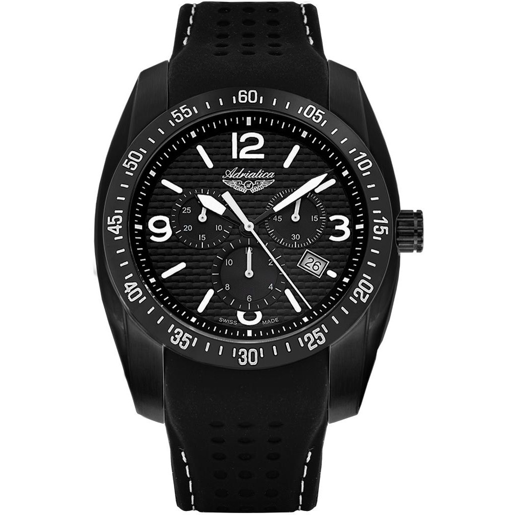 Czarny chronograf ze szwajcarskim mechanizmem