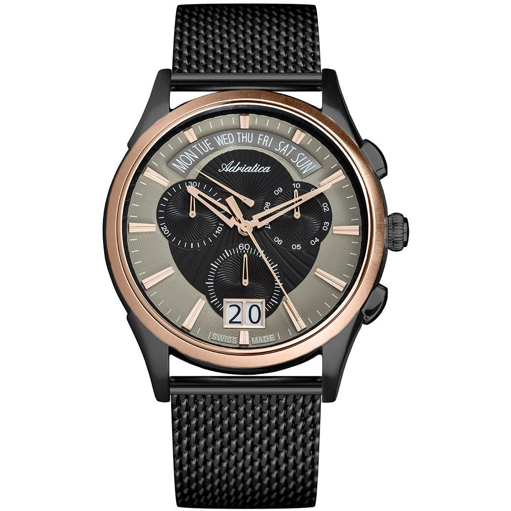 Czarny chronograf z akcentem różowego złota