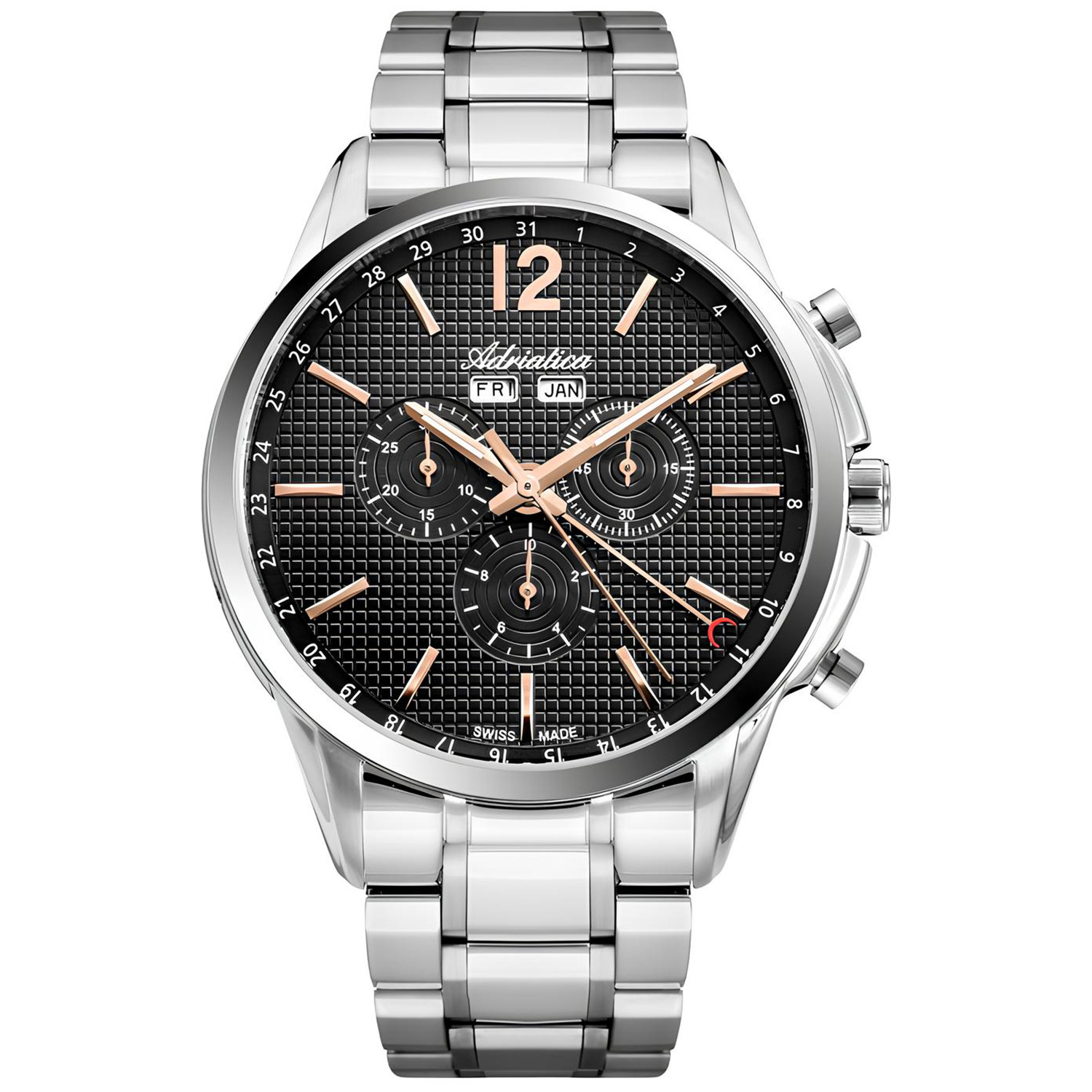 Szwajcarski chronograf w stalowej kopercie