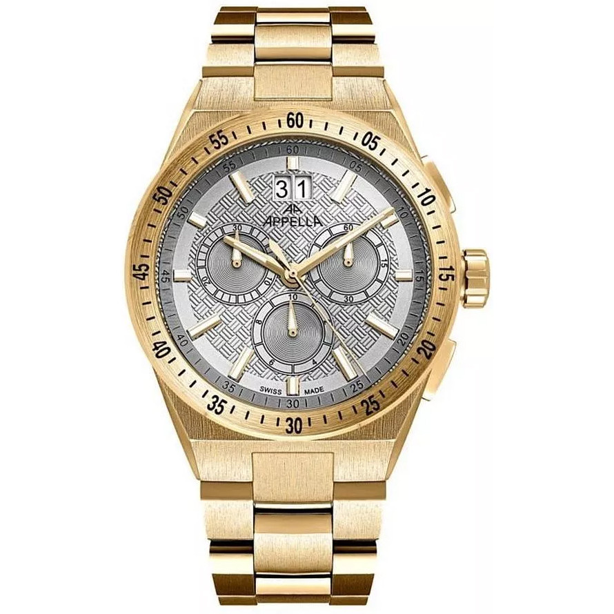 Złocony chronograf o sportowym charakterze