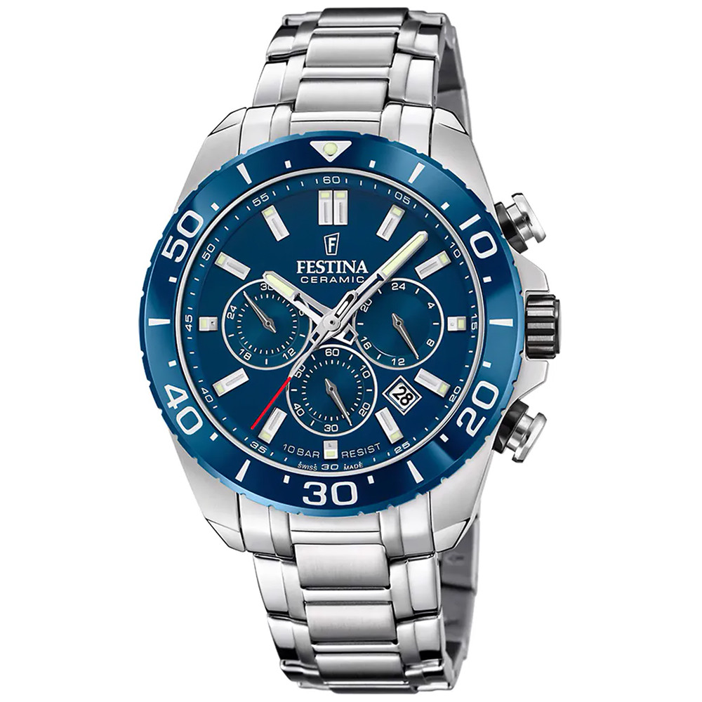 Sportowy chronograf z szafirem i ceramicznym bezlem