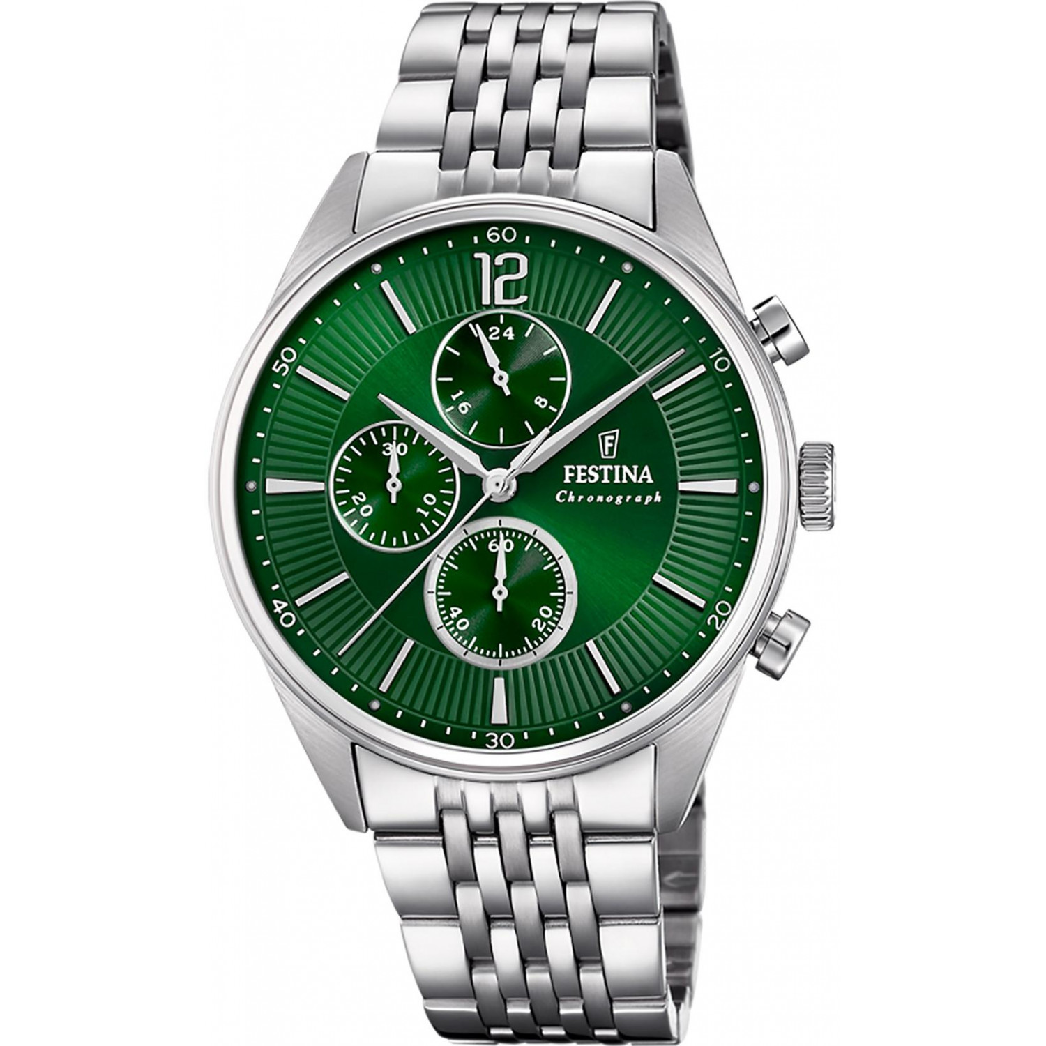 Zielona tarcza i sportowy chronograf w stalowej oprawie