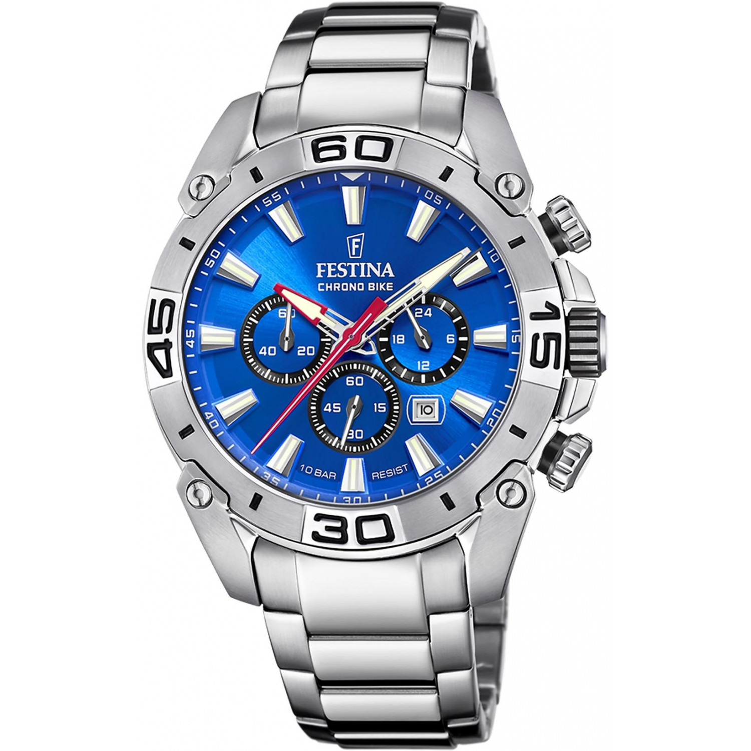 Sportowy chronograf z błękitną tarczą
