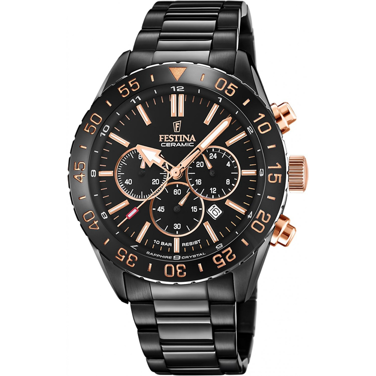 Czarny chronograf z ceramicznym bezelem i miedzianymi akcentami