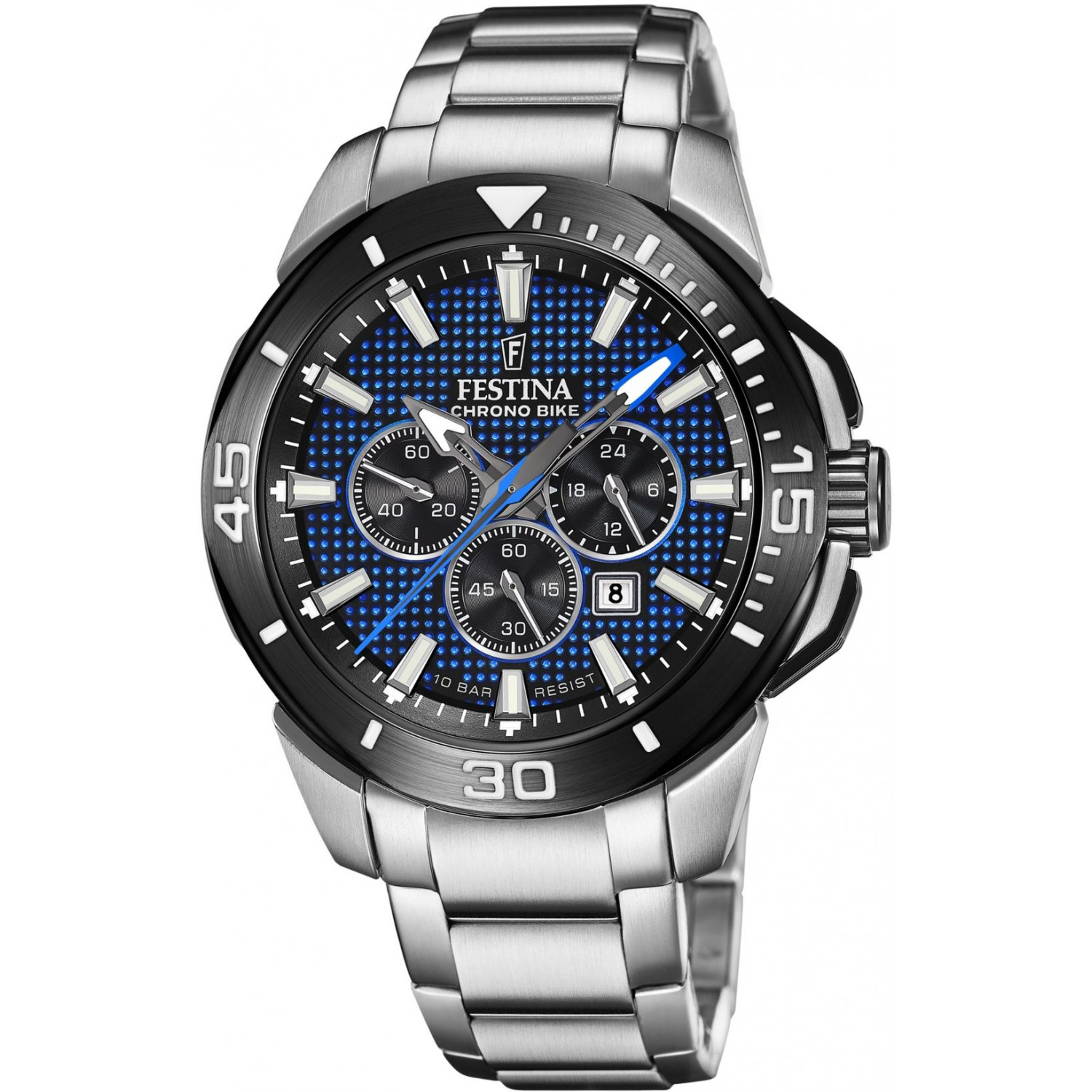 Sportowy chronograf z niebieską tarczą
