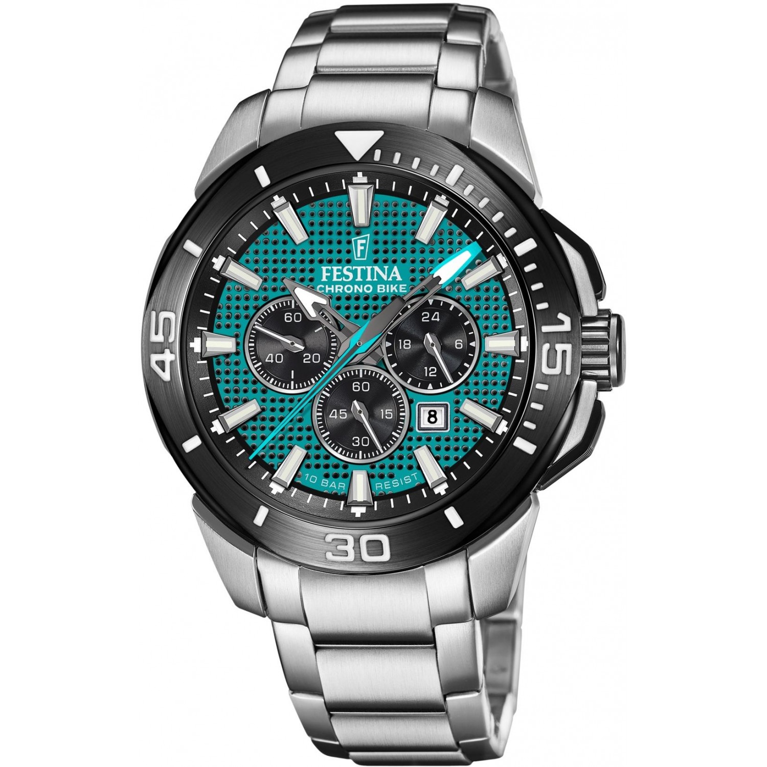 Sportowy chronograf z turkusową tarczą