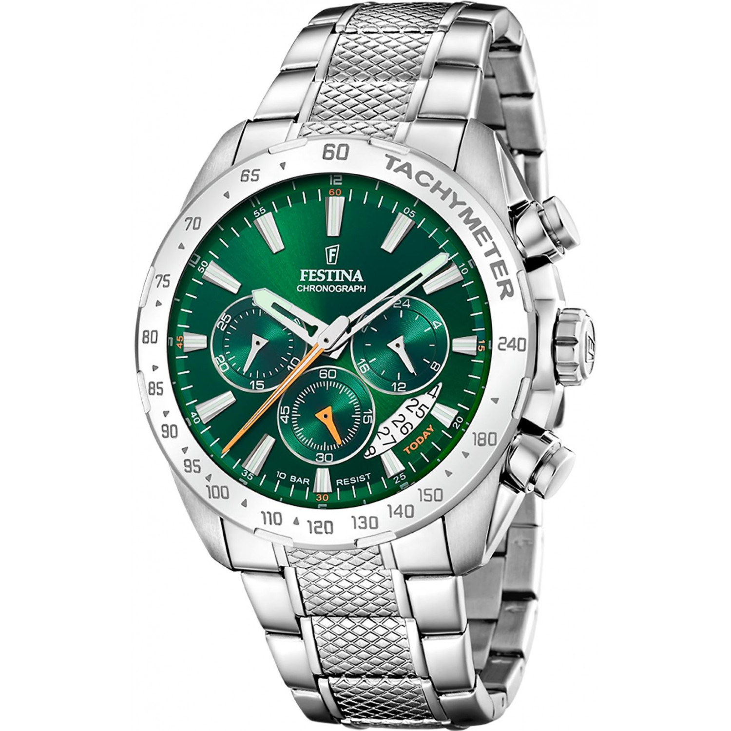 Zielona tarcza i sportowy chronograf w stalowej oprawie
