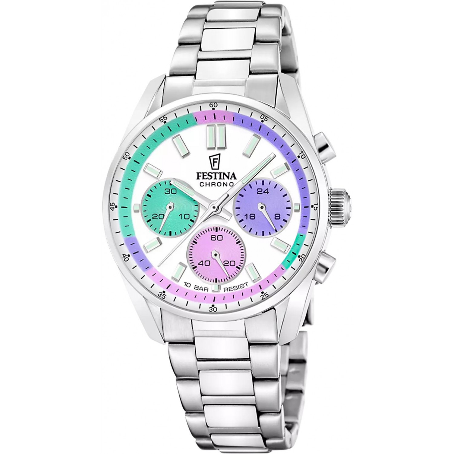 Sportowy chronograf z pastelowym akcentem na tarczy