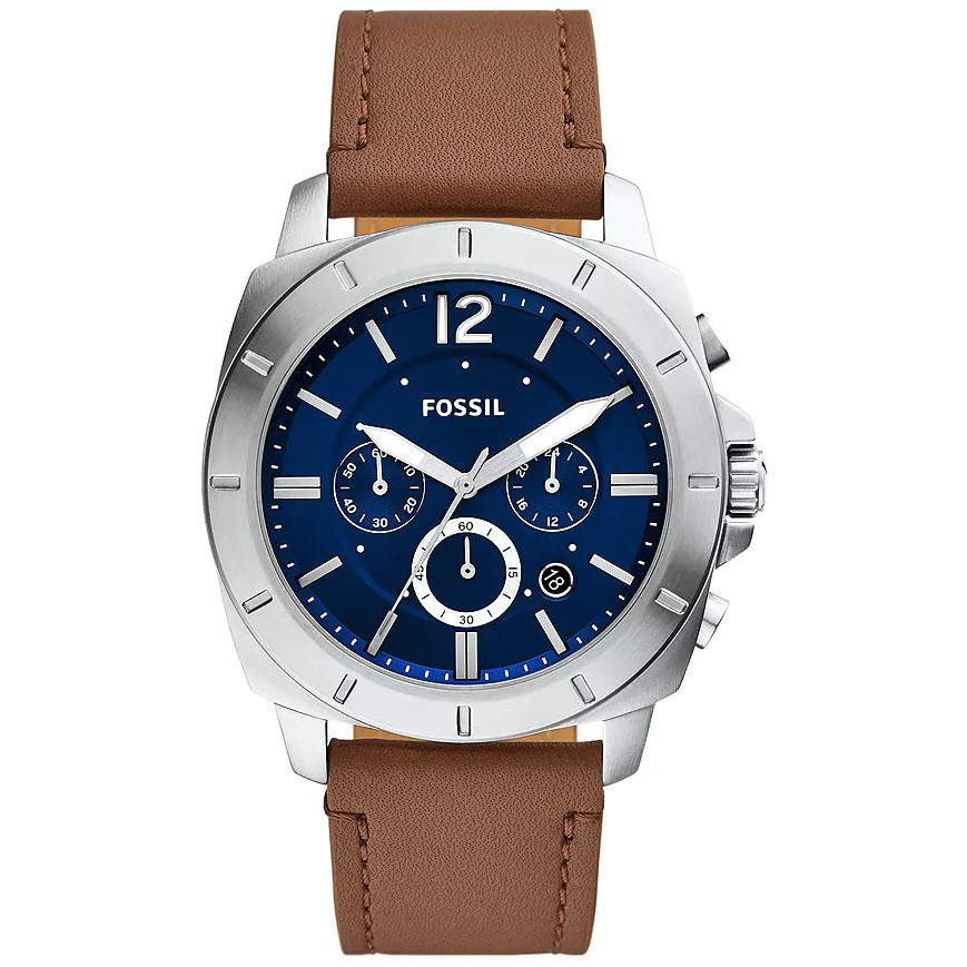 Granatowa tarcza i brązowa skóra w chronografie ze stali