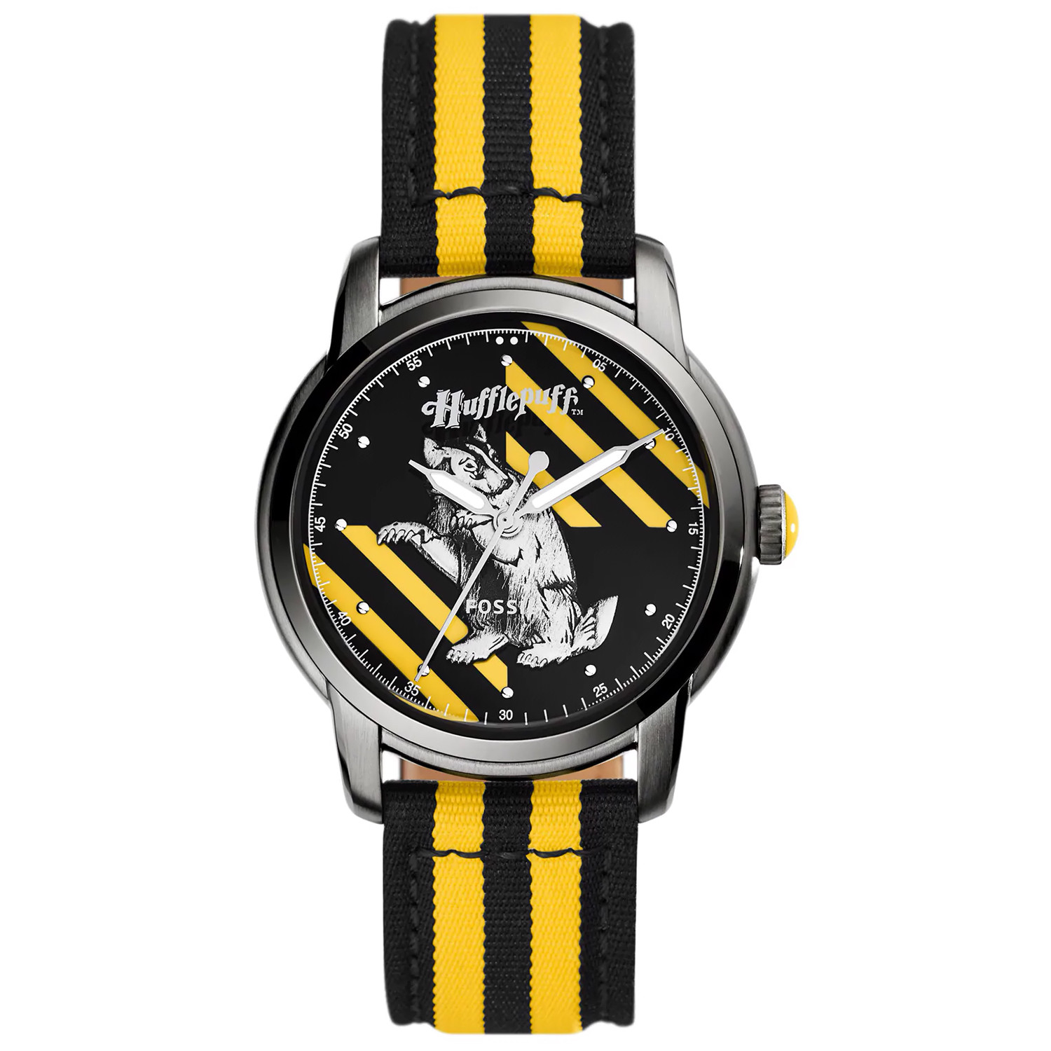 Czarna tarcza z żółtymi pasami i borsukiem Hufflepuffu