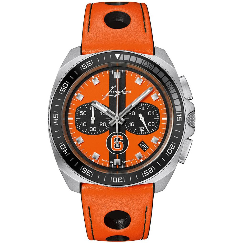 Junghans 1972 Chronoscope Sports Edition 41/4557.00 - męski zegarek ze stoperem, pomarańczową tarczą z czarnym pasem i pomarańczowym paskiem z otworami