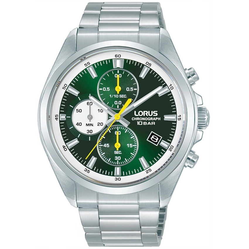Zielony chronograf na stalowej bransolecie