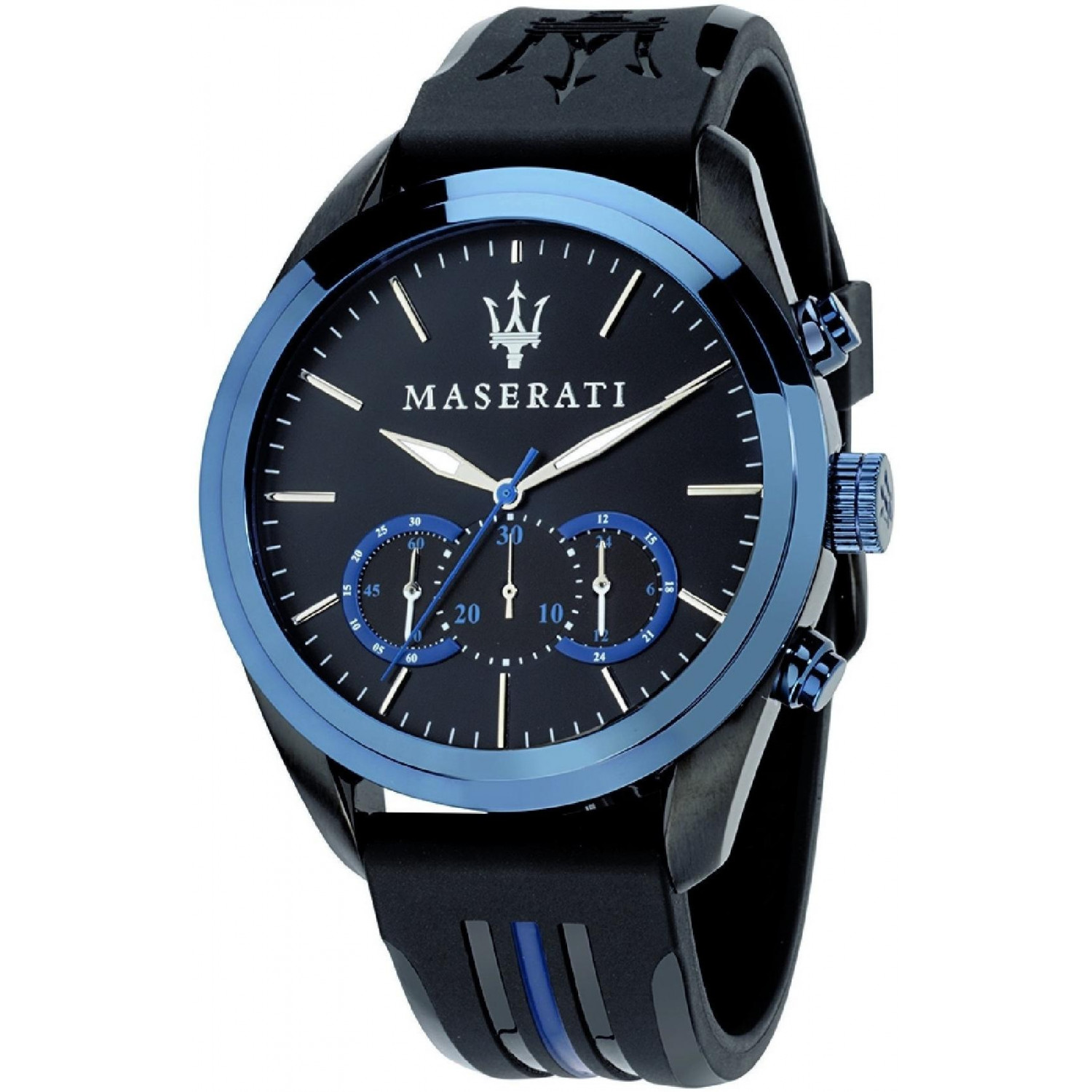 Czarno-niebieski chronograf o sportowym charakterze