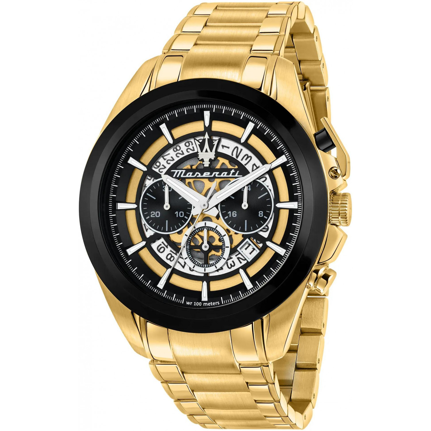 Szkieletowa tarcza i złocista stal w męskim chronografie