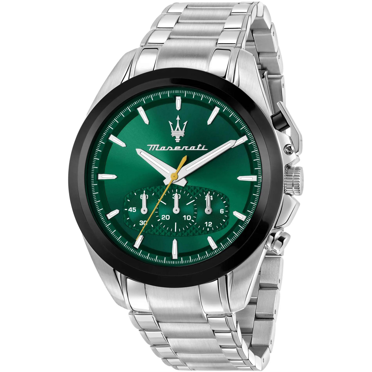 Zielona tarcza i czarny bezel w sportowym chronografie