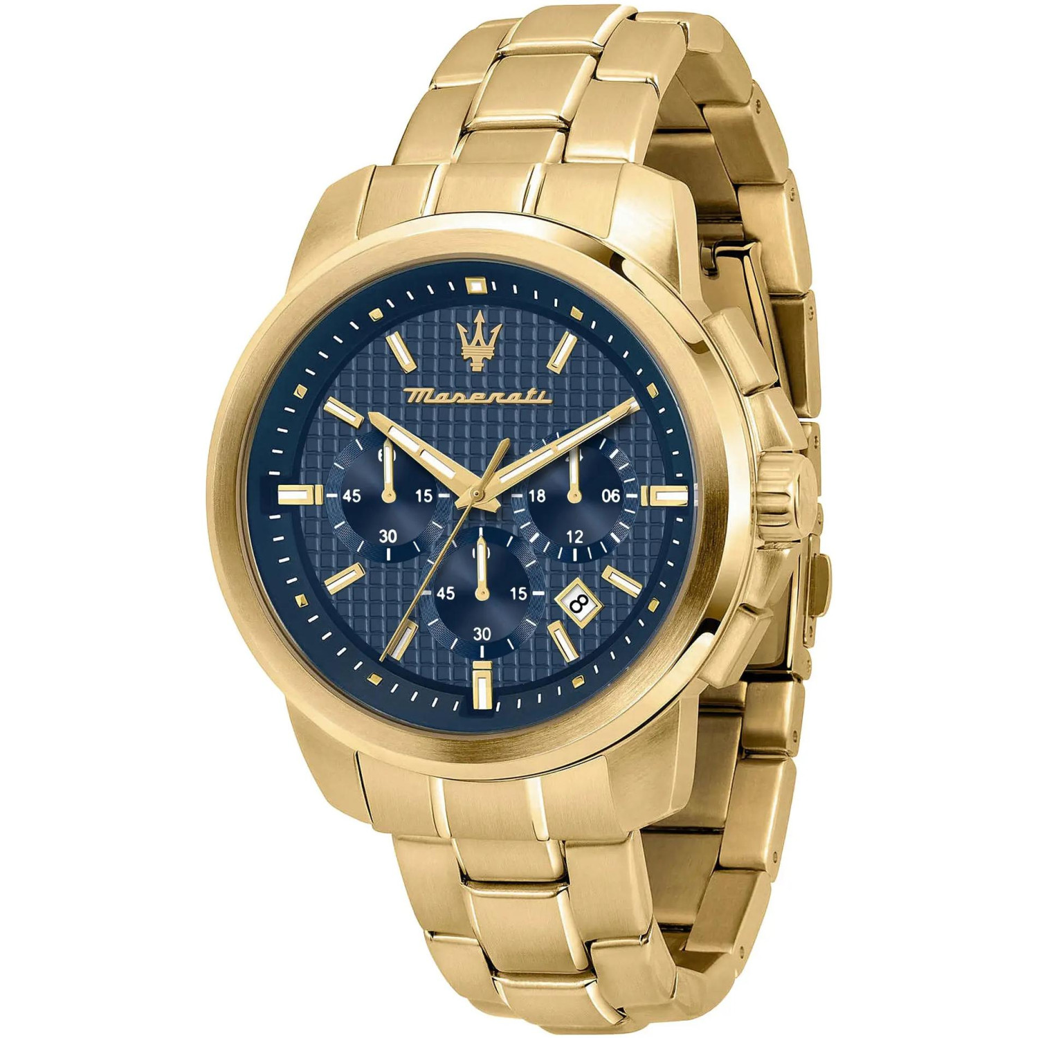 Złoty chronograf z granatową tarczą