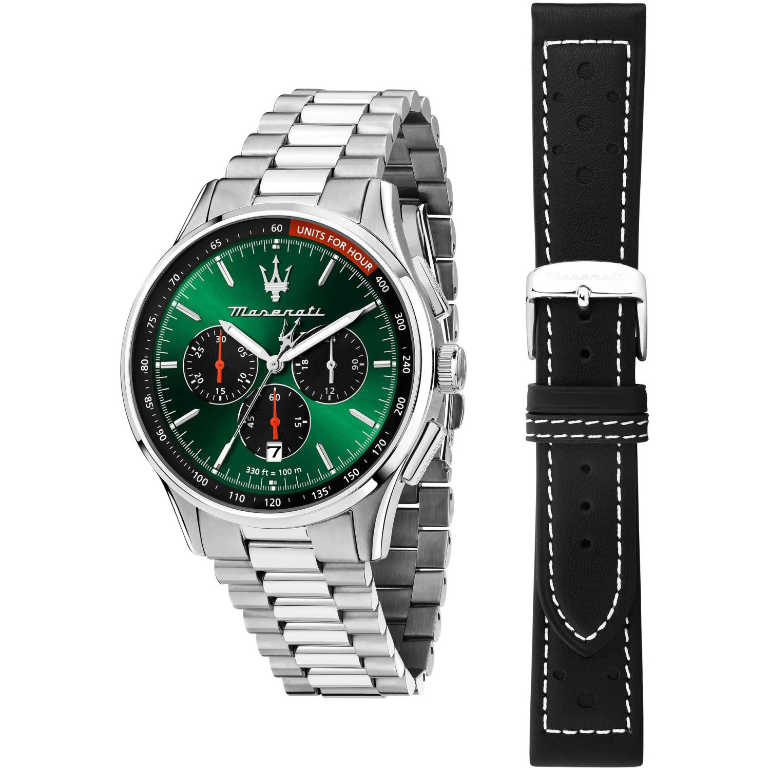 Włoski chronograf z zieloną tarczą i zapasowym paskiem