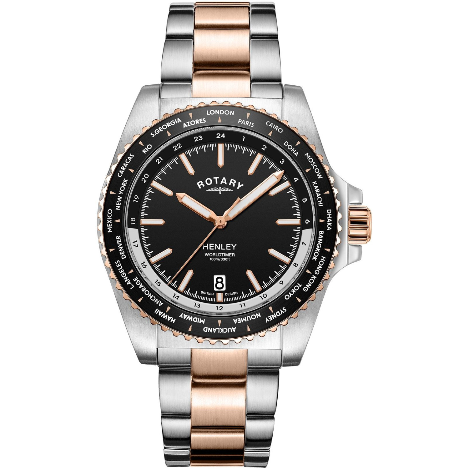 Rotary Henley Worldtimer GB05372/04 - męski dwutonowy zegarek z czarną tarczą i pierścieniem czasu światowego