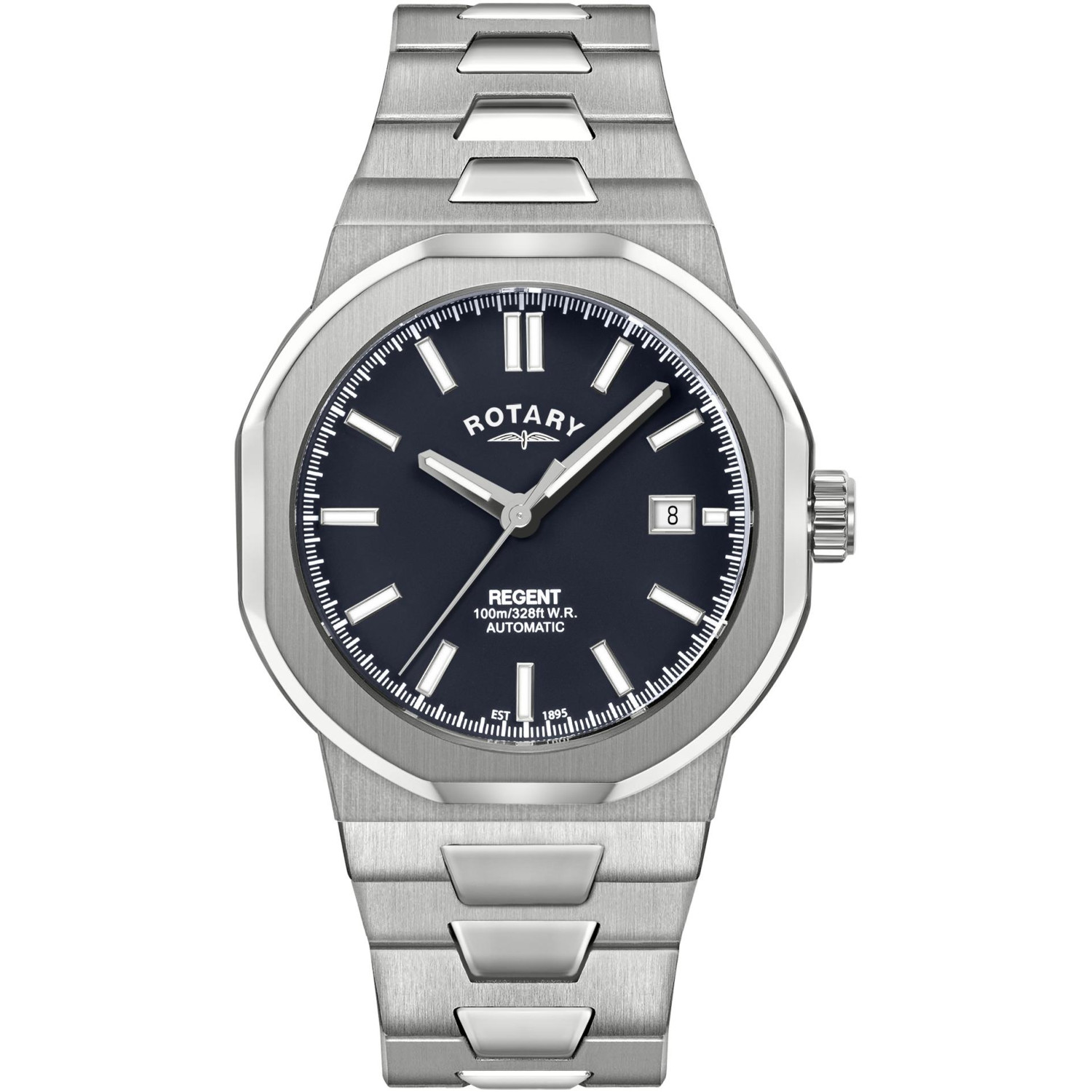 Rotary Regent Automatic GB05410/05 - męski zegarek automatyczny z ośmiokątną kopertą 40 mm i niebieską tarczą na zintegrowanej bransolecie