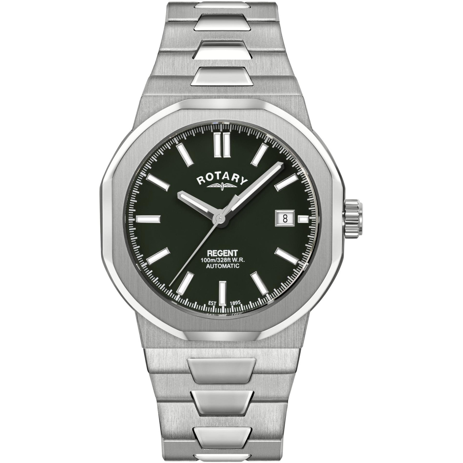 Rotary Regent Automatic GB05410/24 - męski automat z ośmiokątną kopertą, zieloną tarczą i zintegrowaną bransoletą
