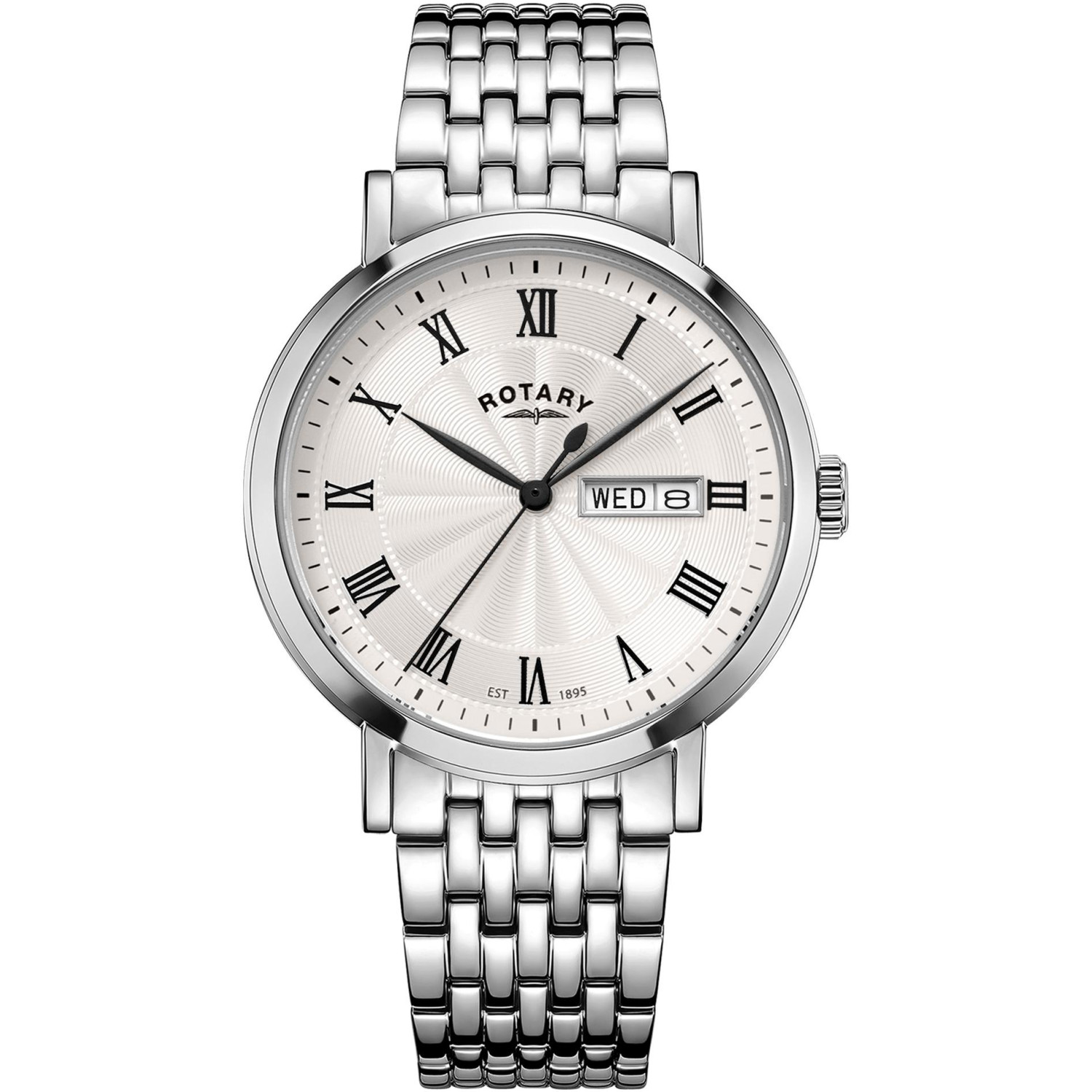 Rotary Windsor GB05420/01 - męski klasyczny zegarek z białą tarczą guilloche, rzymskimi cyframi i stalową bransoletą