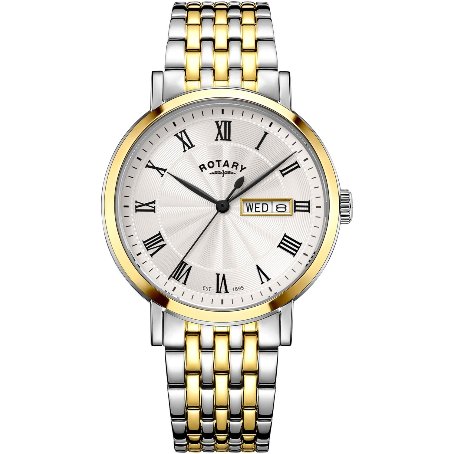 Rotary Windsor GB05421/01 - męski klasyczny zegarek two-tone z białą tarczą guilloche i rzymskimi cyframi