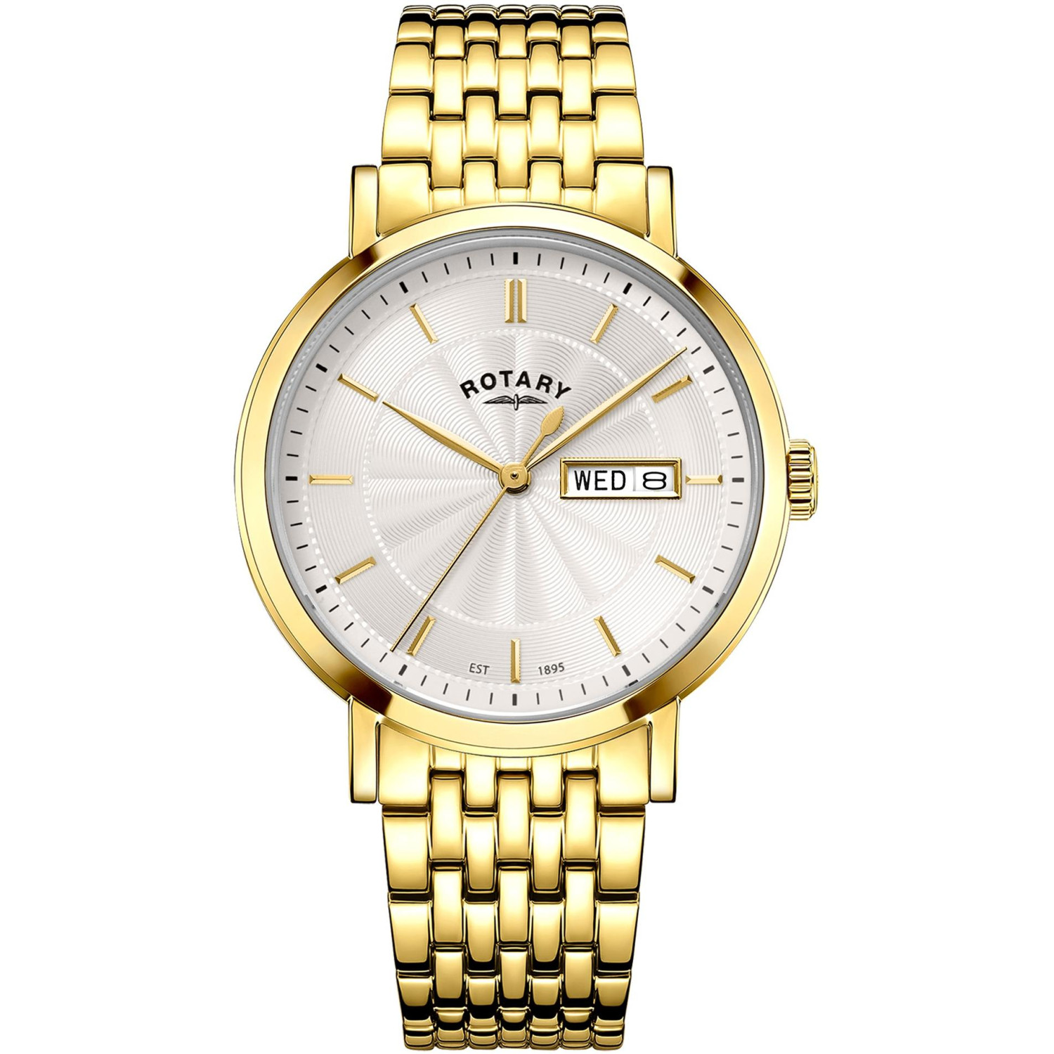 Rotary Windsor GB05423/02 - męski złoty zegarek z białą tarczą guilloche i złotą bransoletą