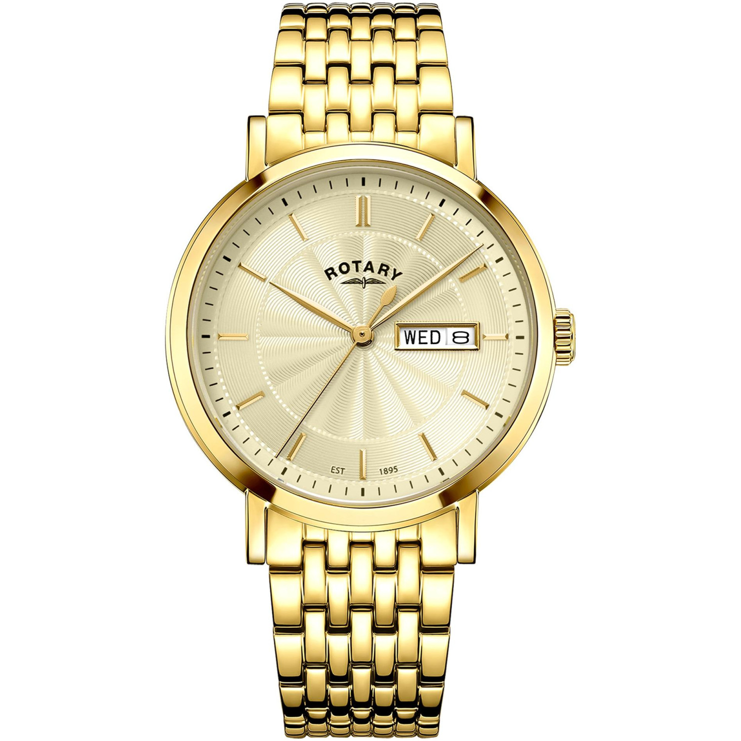 Rotary Windsor GB05423/03 - męski złoty zegarek z szampańską tarczą guilloche i złotą bransoletą