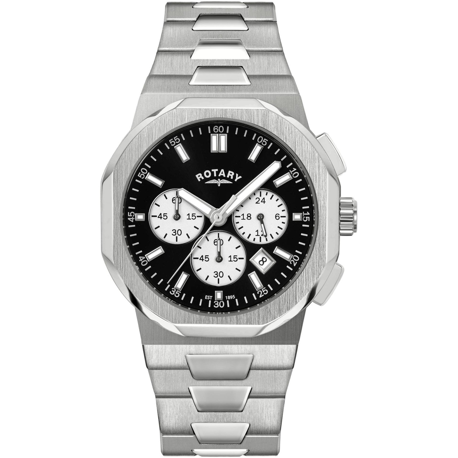Rotary GB05450/65 - męski sportowy chronograf z czarną tarczą, białymi licznikami i stalową bransoletą