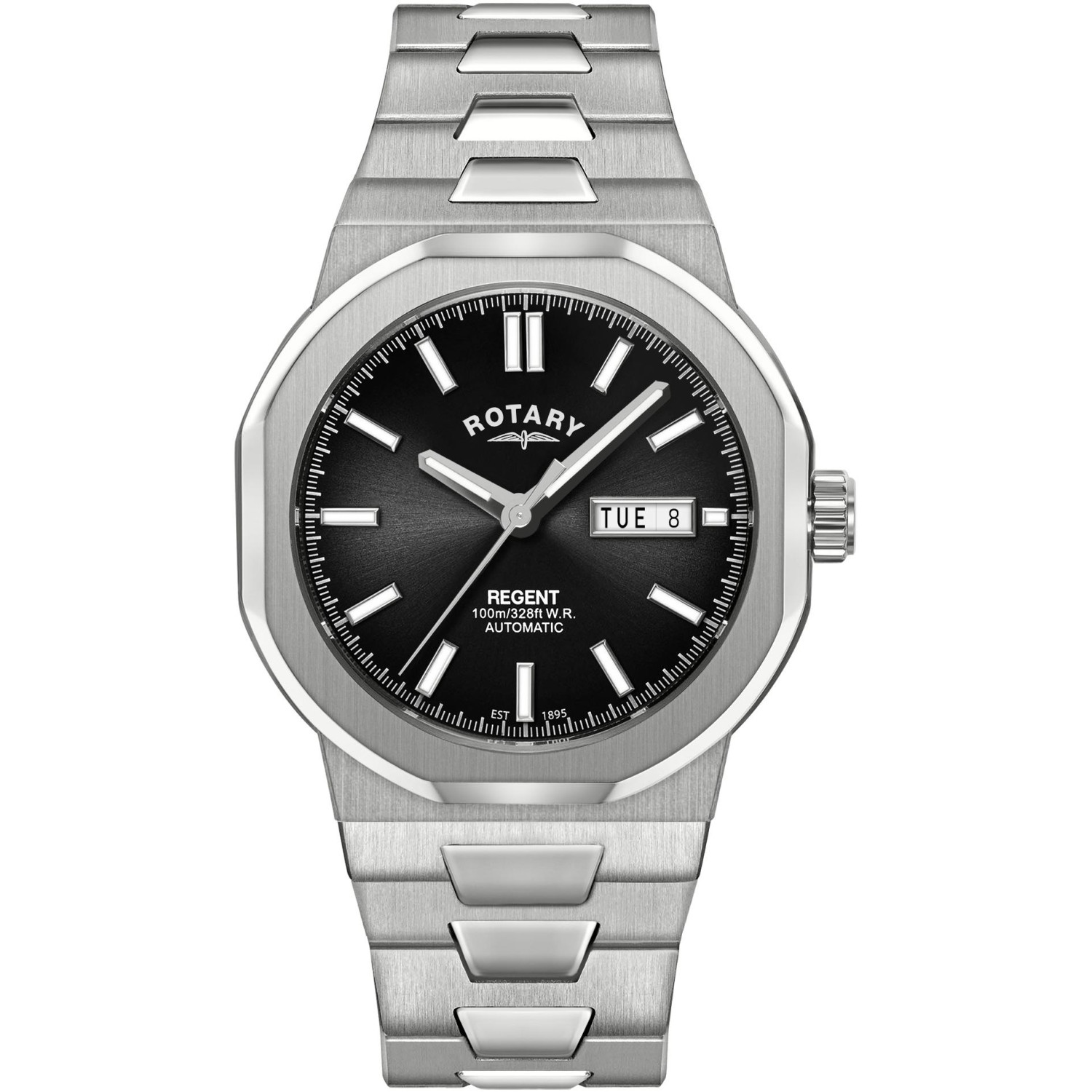 Rotary Regent Automatic GB05490/04 - męski automat z ośmiokątną kopertą, czarną tarczą sunray i zintegrowaną bransoletą