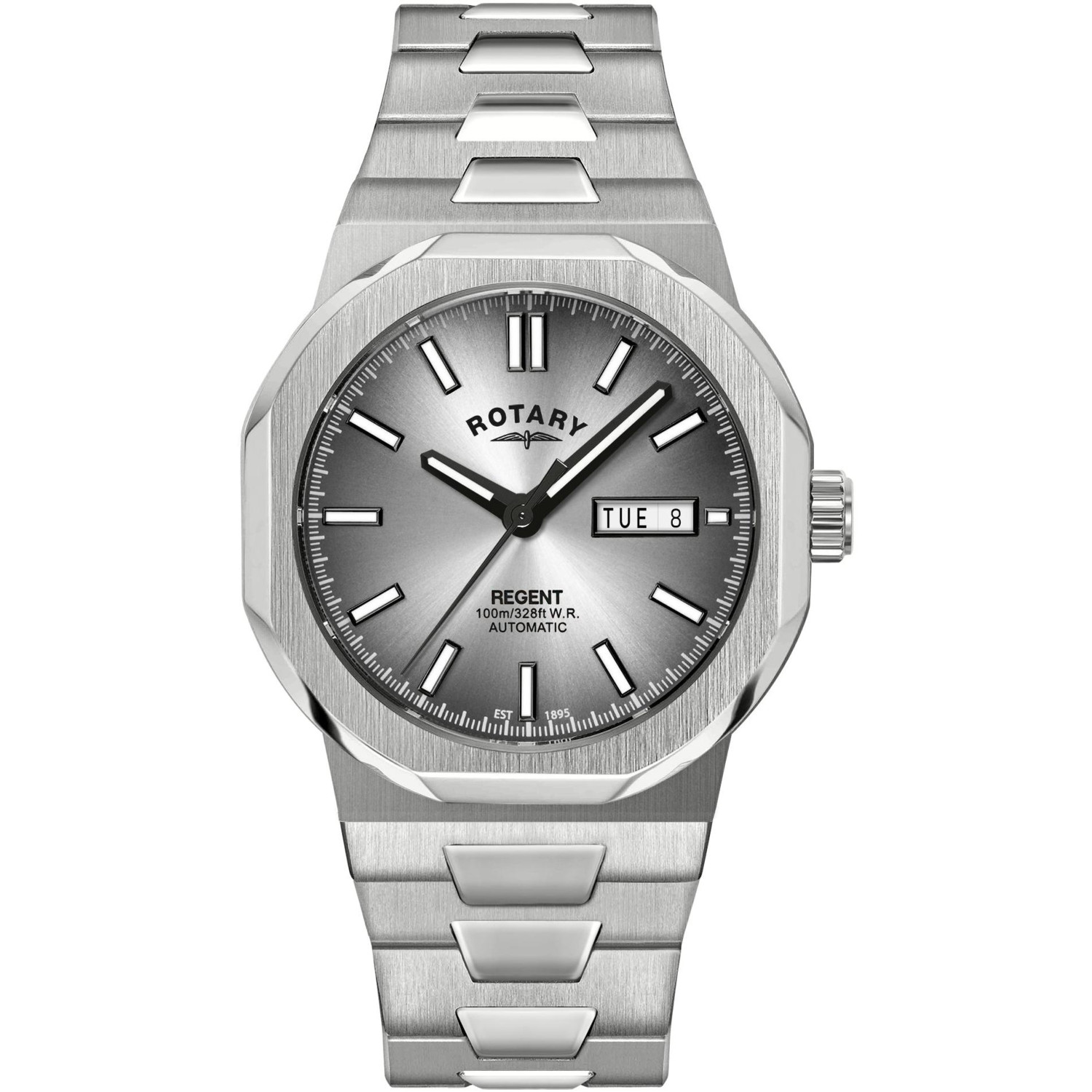 Rotary Regent Automatic GB05490/06 - męski automat z ośmiokątną kopertą, szarą tarczą sunray i zintegrowaną bransoletą