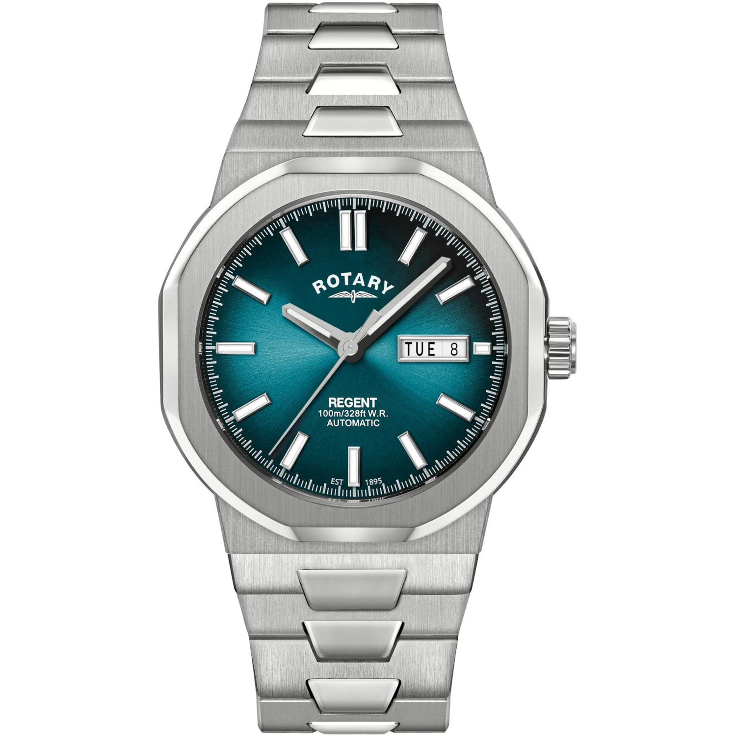 Rotary Regent Automatic GB05490/73 - męski automat z ośmiokątną kopertą, niebieską tarczą sunray i zintegrowaną bransoletą