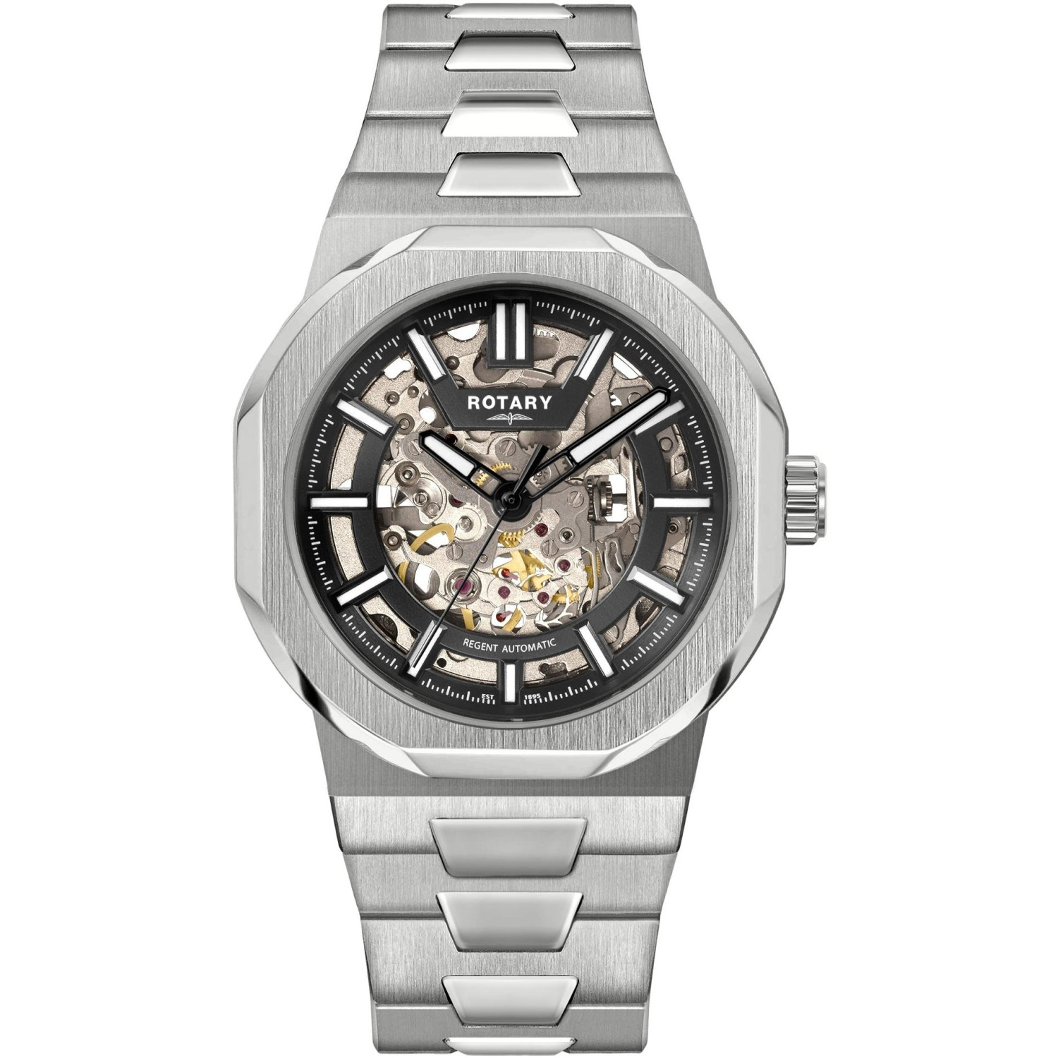 Rotary Regent Skeleton GB05495/04 - męski automat szkieletowy z ośmiokątną kopertą i czarnym pierścieniem