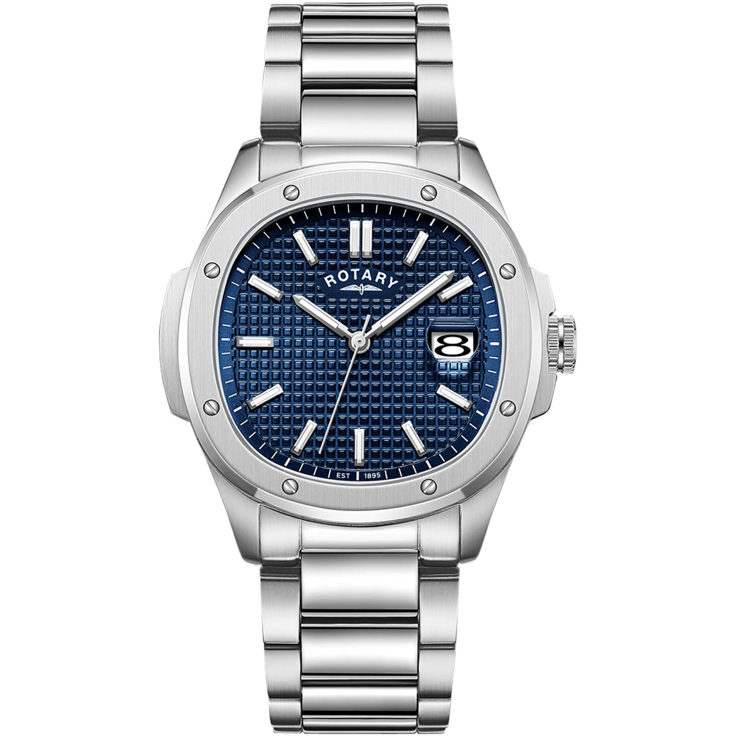 Rotary GB05575/05 - męski zegarek sportowo-elegancki z niebieską tarczą waffle, śrubami na pierścieniu i stalową bransoletą