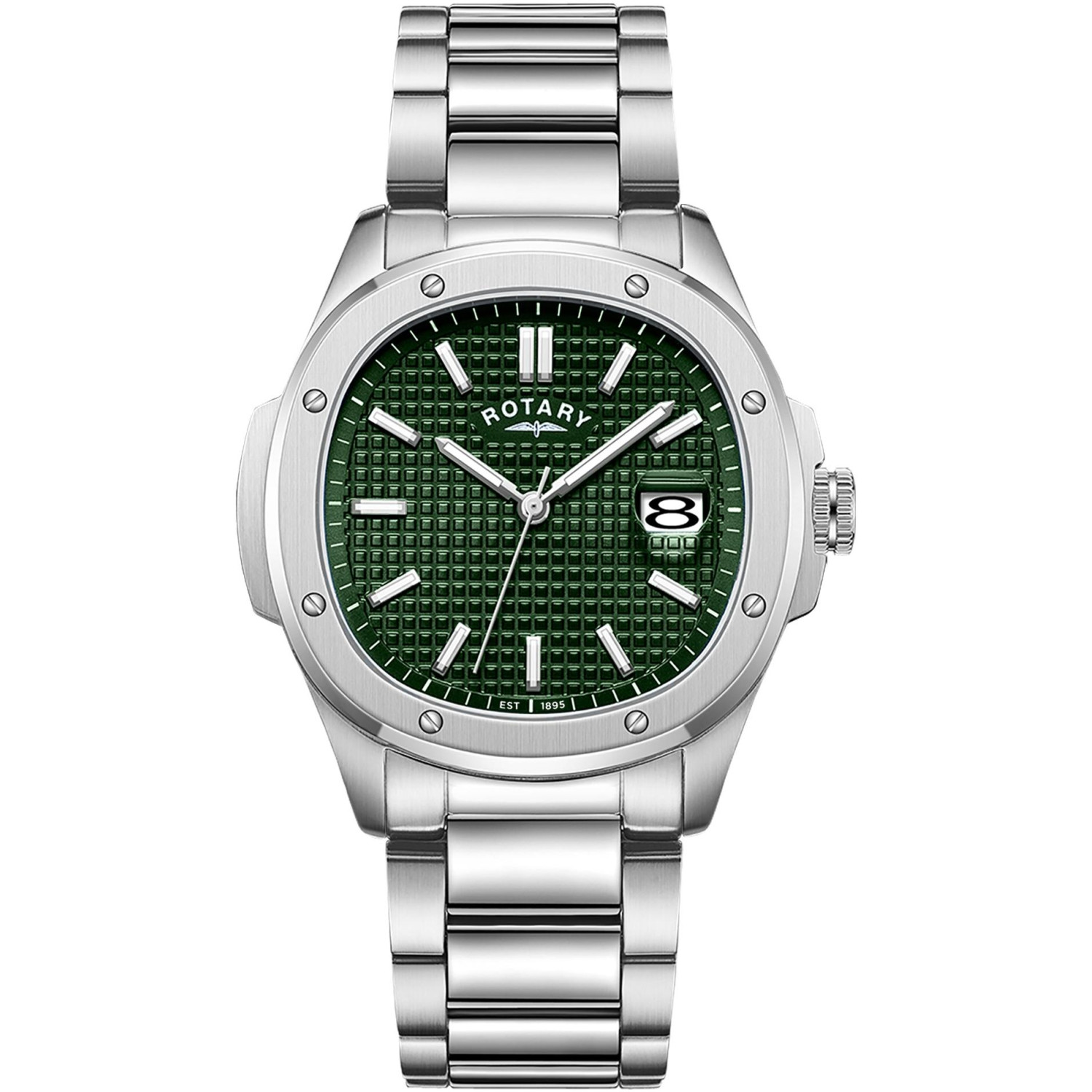 Rotary GB05575/24 - męski zegarek sportowo-elegancki z zieloną tarczą waffle, śrubami na pierścieniu i stalową bransoletą