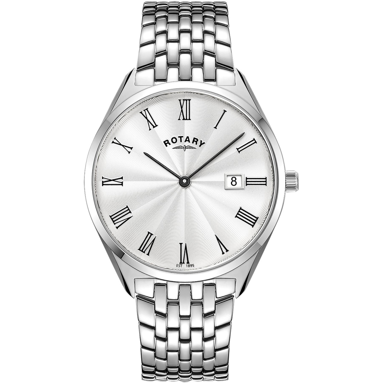 Rotary Ultra Slim GB08010/01 - męski zegarek klasyczny o grubości 5,7 mm ze srebrną tarczą guilloche, rzymskimi cyframi i stalową bransoletą