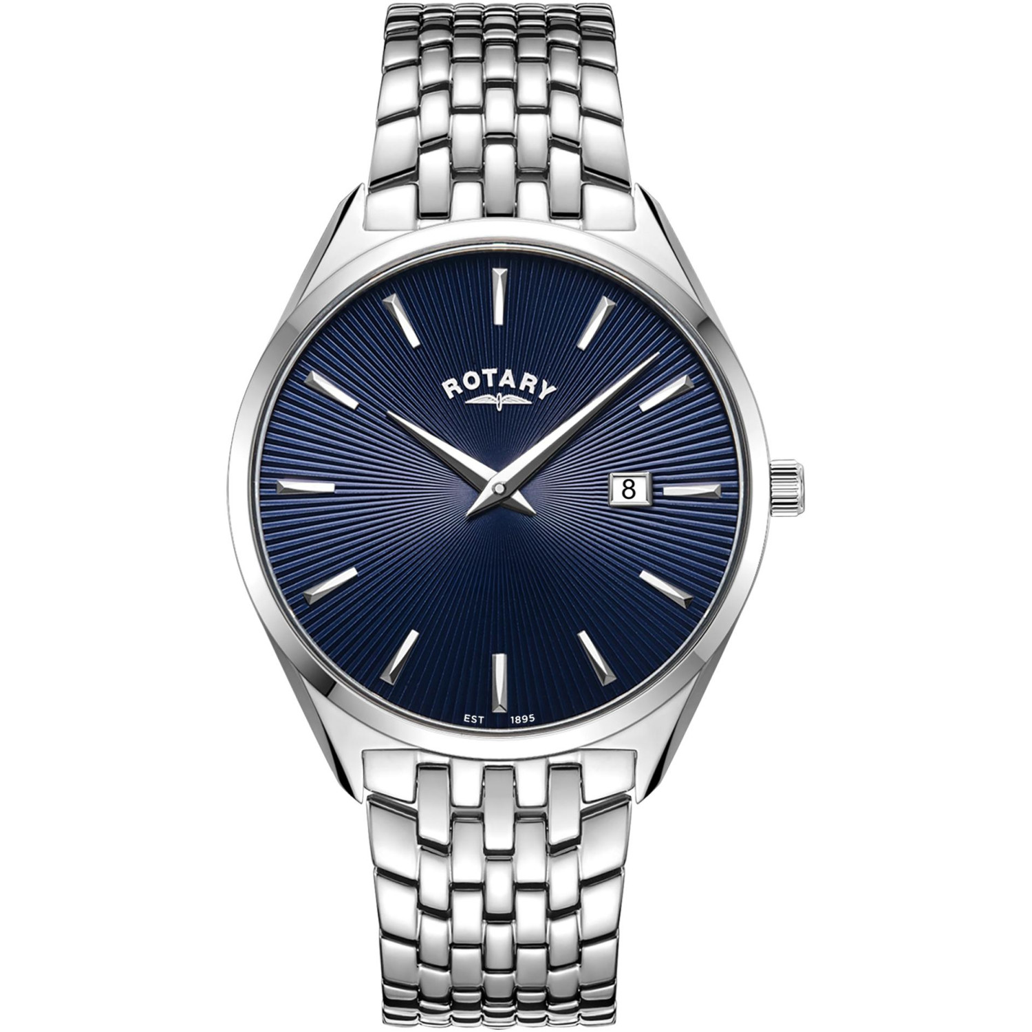 Rotary Ultra Slim GB08010/05 - męski zegarek o grubości 5,7 mm z niebieską tarczą guilloche na stalowej bransolecie