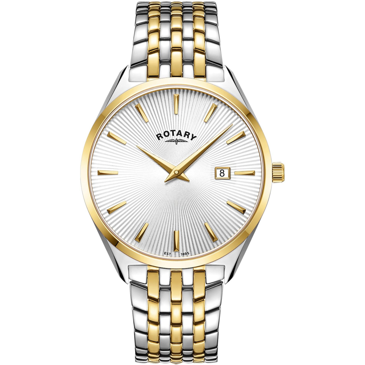 Rotary Ultra Slim GB08011/02 - męski smukły zegarek dwutonowy z białą tarczą promienistą