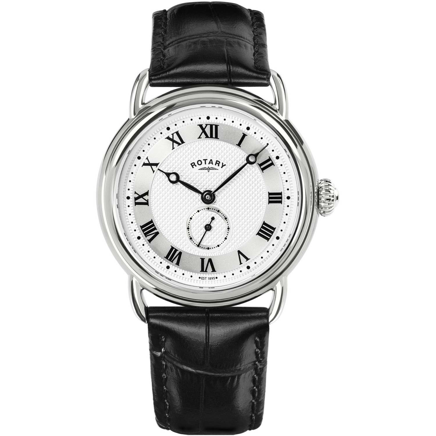Rotary Sherlock GS02424/21 - męski zegarek vintage ze srebrną tarczą Clous de Paris, rzymskimi cyframi i małą sekundą
